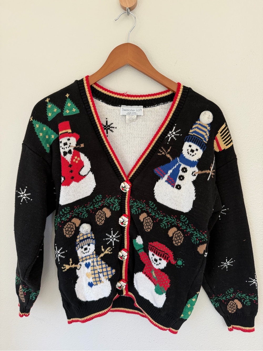 Vintage Sweater Loft Small Christmas Snowman Cardigan